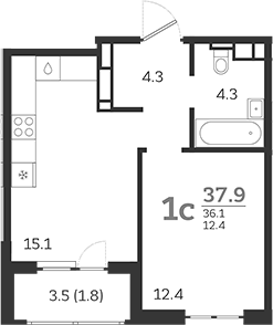 2-комн., 36.1 м², 19/24 этаж, ЖК «Все Свои VIP»
