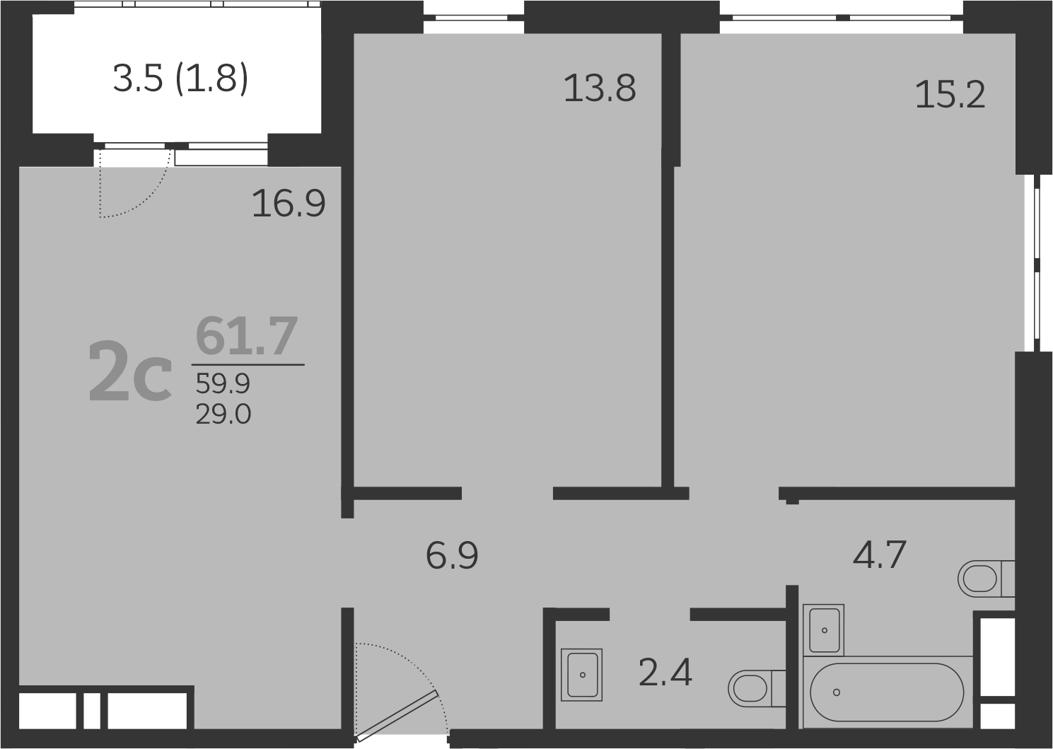 3-комн., 59.9 м², 4/24 этаж, ЖК «Все Свои VIP»