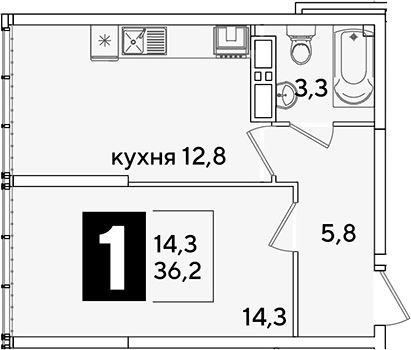 1-комн., 36.2 м², 16/16 этаж, ЖК «Самолет»