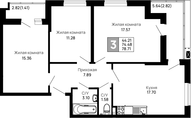 3-комн., 74.48 м², 2/13 этаж, ЖК «Долина»