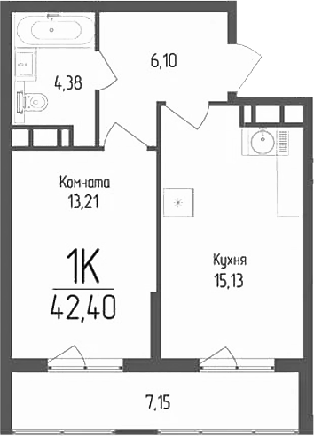 1-комн., 38.82 м², 13/18 этаж, ЖК «Кумир»