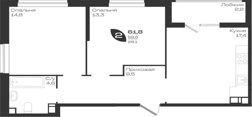 Продается 2-комн. квартира, 59.6 м²