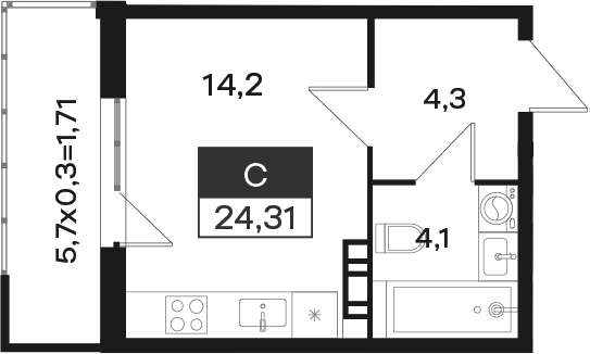 Студия, 22.6 м², 4/4 этаж, ЖК «Новая Елизаветка»