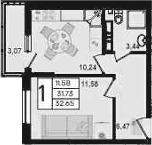 1-комн., 31.73 м², 3/9 этаж, ЖК «Дом 101»