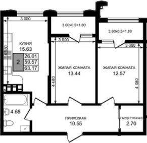 2-комн., 59.57 м², 8/8 этаж, ЖК «Резиденция морей»