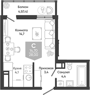 Студия, 26.6 м², 16/24 этаж, ЖК «Облака»