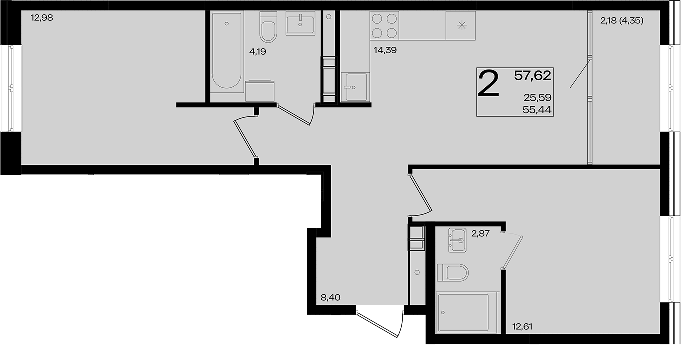 3-комн., 55.44 м², 5/9 этаж, ЖК «Патрики»