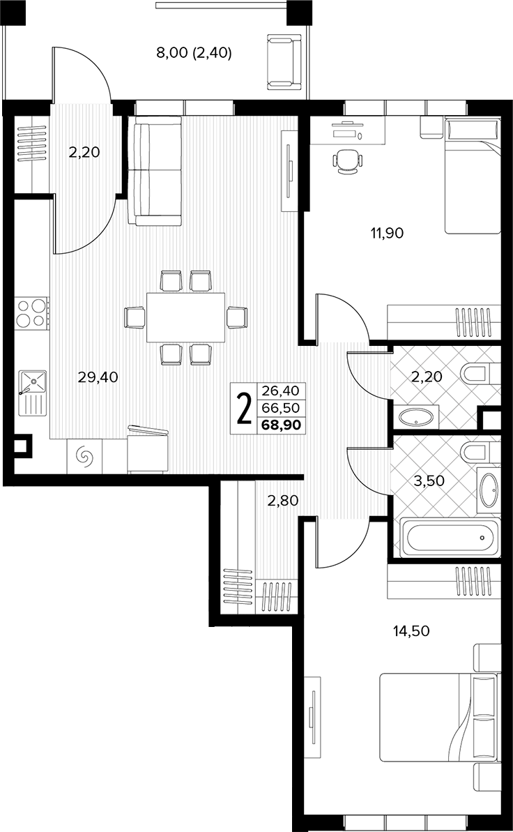 Продается 2-комн. квартира, 66.5 м²