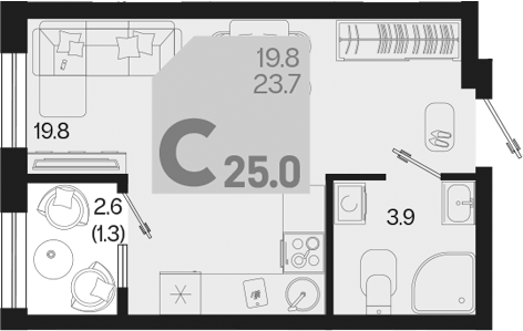 Студия, 23.7 м², 2/18 этаж, ЖК «Первое место»