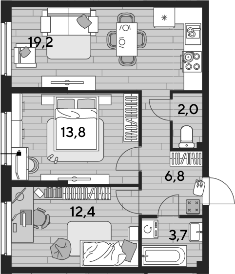 2-комн., 57.9 м², 2/16 этаж, ЖК «DОГМА ПАРК»