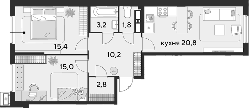 3-комн., 69.2 м², 10/18 этаж, ЖК «Парк Победы»