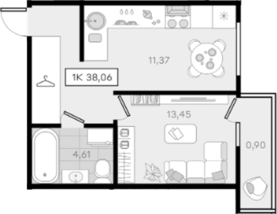 1-комн., 37.16 м², 4/8 этаж, ЖК «История 3»