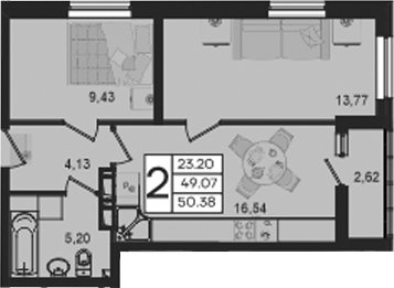 Продается 2-комн. квартира, 49.07 м²