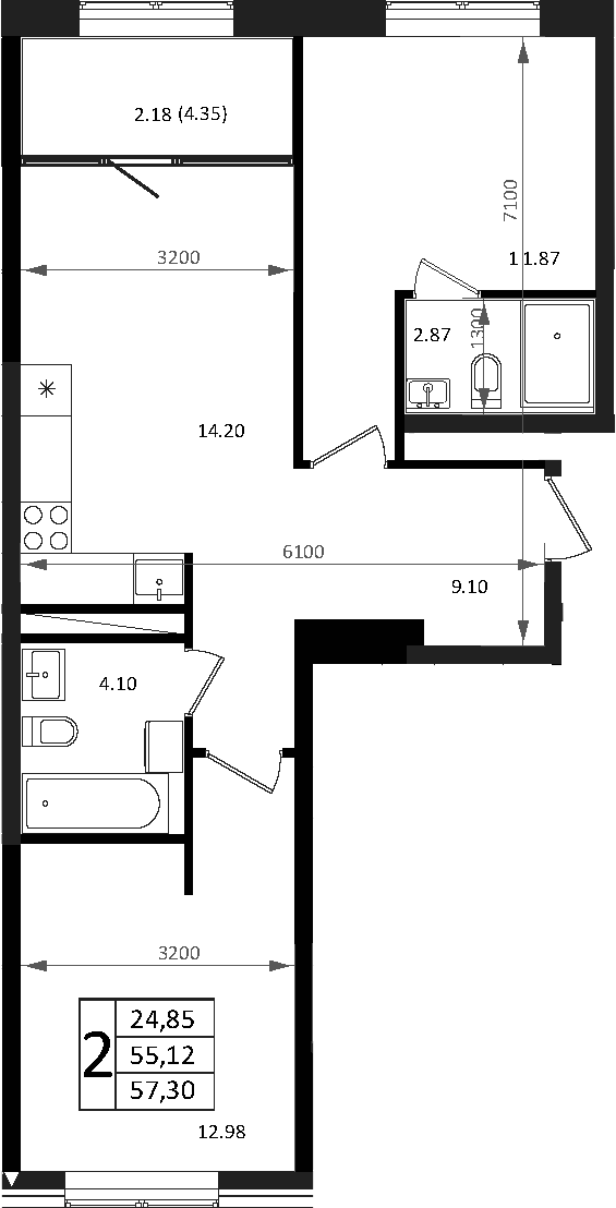 3-комн., 55.12 м², 3/7 этаж, ЖК «Патрики»