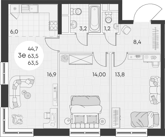 3-комн., 63.5 м², 13/14 этаж, ЖК «Грин Эппл»