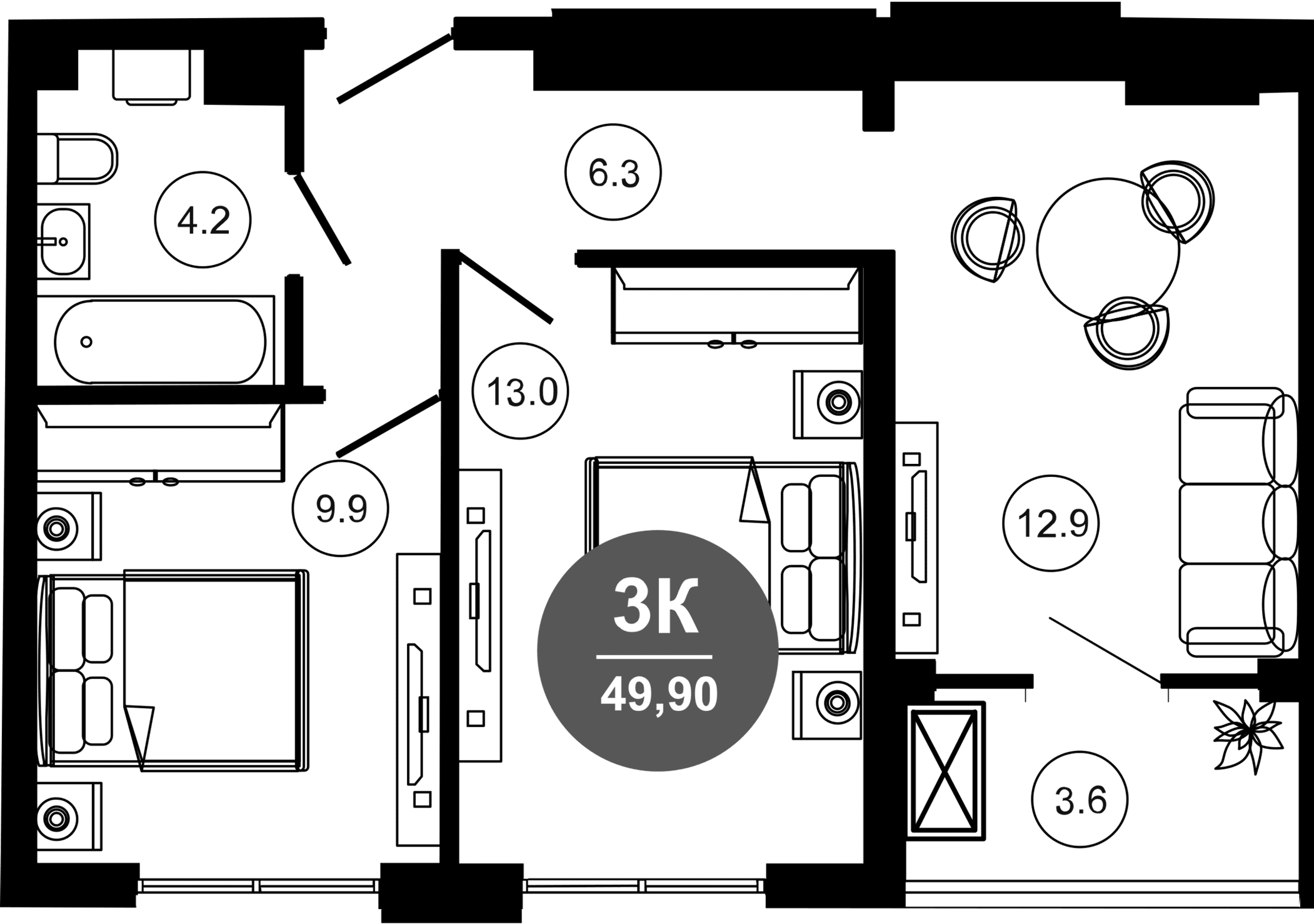 2-комн., 46.3 м², 3/10 этаж, ЖК «Гостиничный комплекс GREENMONT»