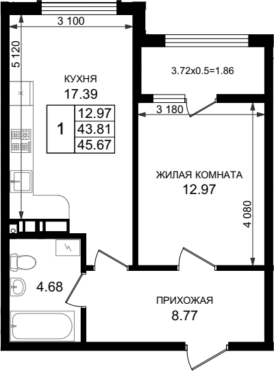 1-комн., 43.81 м², 8/8 этаж, ЖК «Резиденция морей»