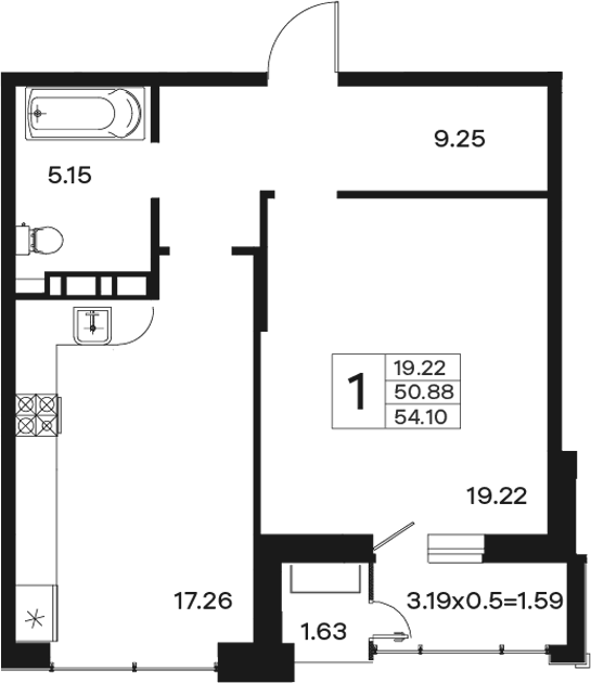 Продается 1-комн. квартира, 50.88 м²