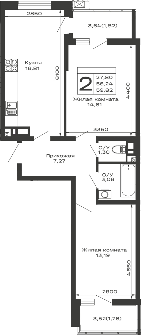 2-комн., 56.24 м², 9/14 этаж, ЖК «Долина»