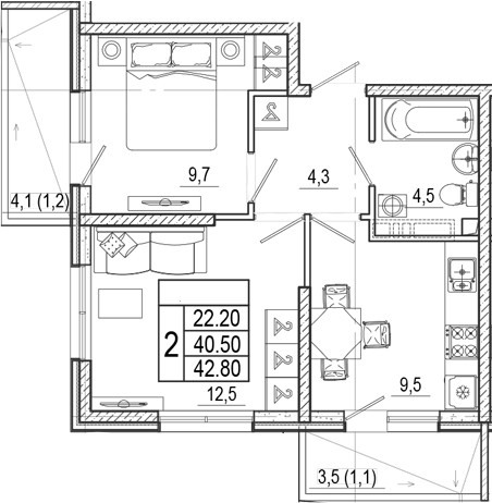 2-комн., 40.5 м², 2/15 этаж, ЖК «Лестория»