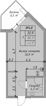 Студия, 36.3 м², 3/4 этаж, ЖК «Оазис Азова»