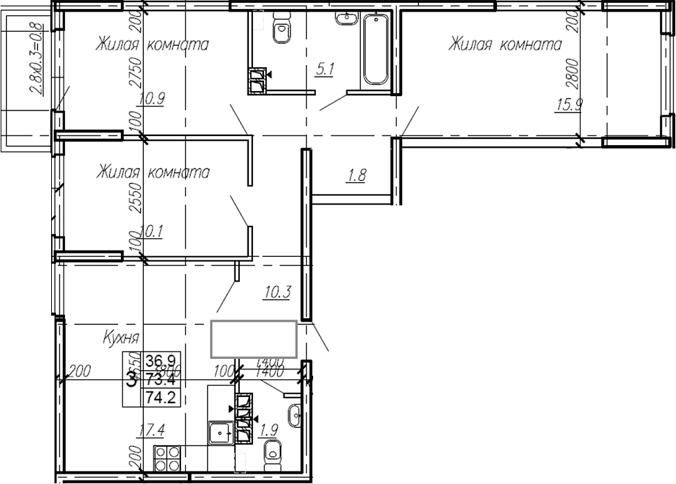 3-комн., 73.4 м², 4/4 этаж, ЖК «Эво»