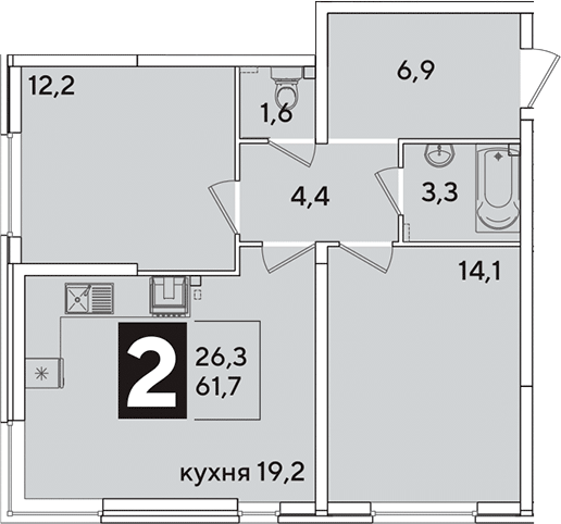 3-комн., 61.7 м², 2/16 этаж, ЖК «Самолет»