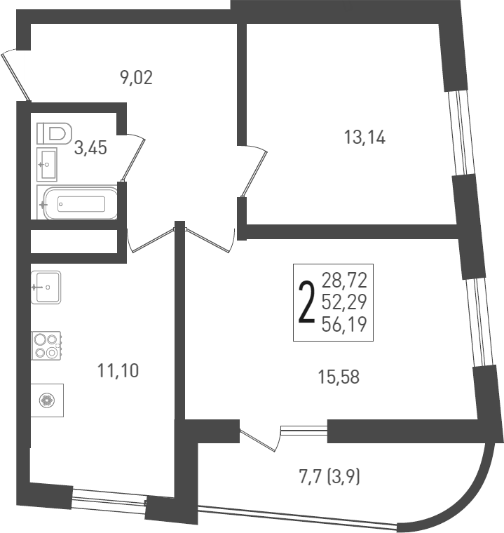 Продается 2-комн. квартира, 53.3 м²