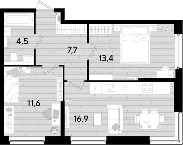 2-комн., 54.1 м², 2/16 этаж, ЖК «DОГМА ПАРК»