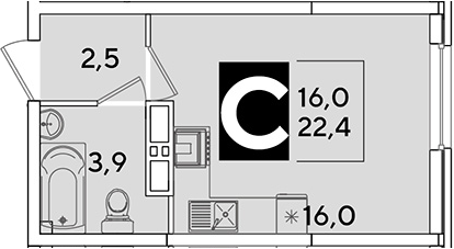 Студия, 22.4 м², 10/16 этаж, ЖК «Самолет»