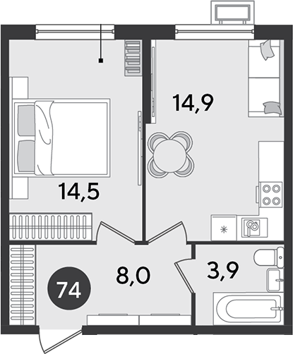 2-комн., 41.3 м², 2/9 этаж, ЖК «Парк Победы»