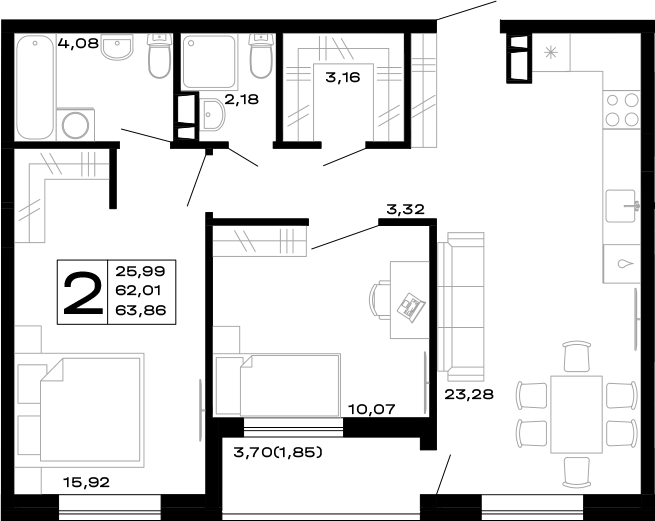 Продается 2-комн. квартира, 62.01 м²