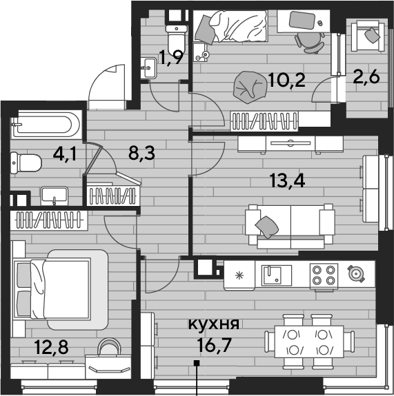 3-комн., 67.4 м², 4/16 этаж, ЖК «DОГМА ПАРК»