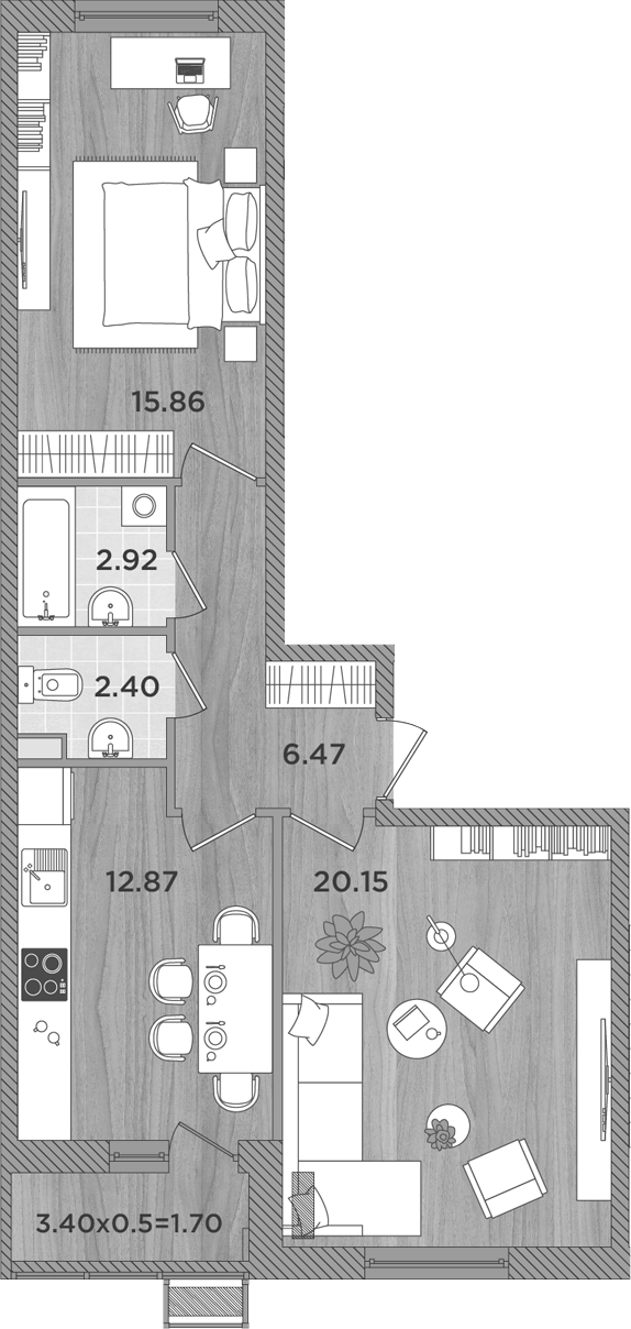 2-комн., 60.67 м², 2/8 этаж, ЖК «Сады у моря»