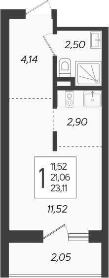 Студия, 21.06 м², 14/19 этаж, ЖК «Кислород»