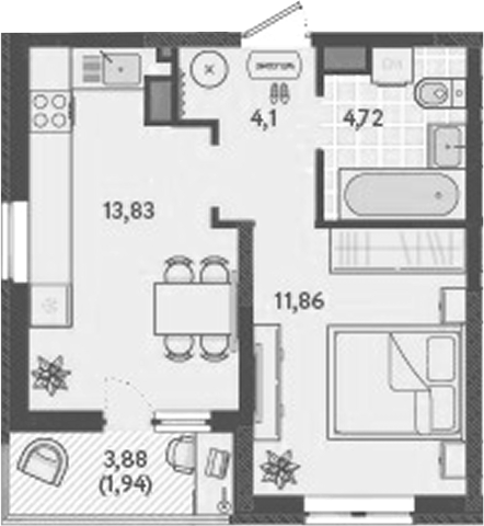 1-комн., 35.29 м², 6/9 этаж, ЖК «Теплые края»
