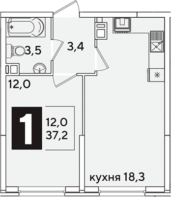 2-комн., 37.2 м², 6/16 этаж, ЖК «Самолет»