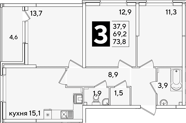 4+ комнаты, 69.2 м², 2/16 этаж, ЖК «Самолет»