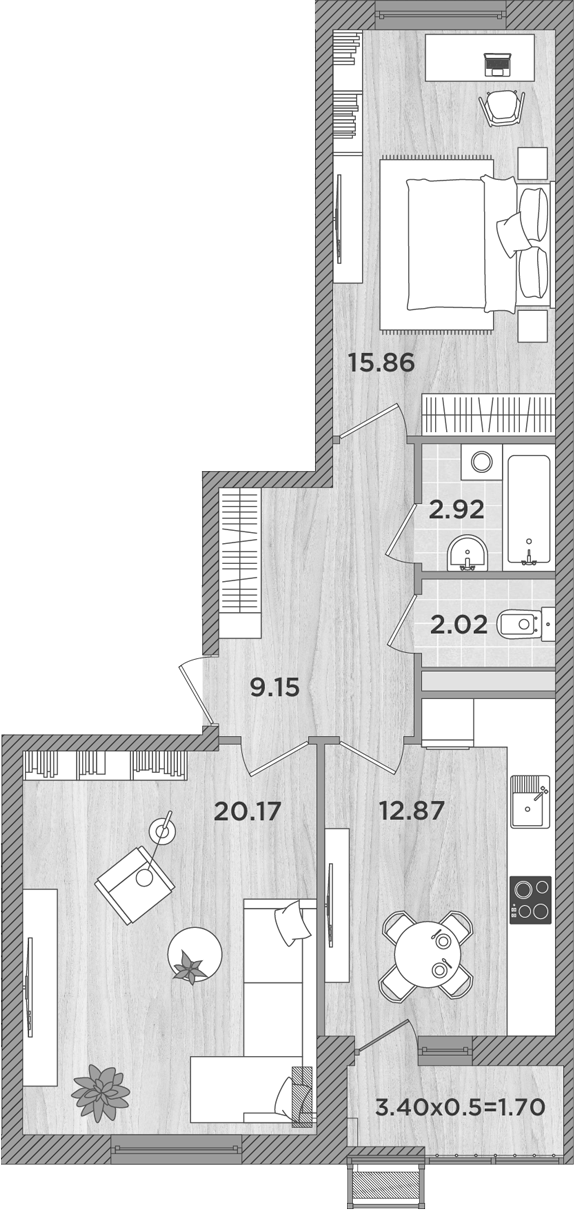 2-комн., 62.99 м², 2/8 этаж, ЖК «Сады у моря»
