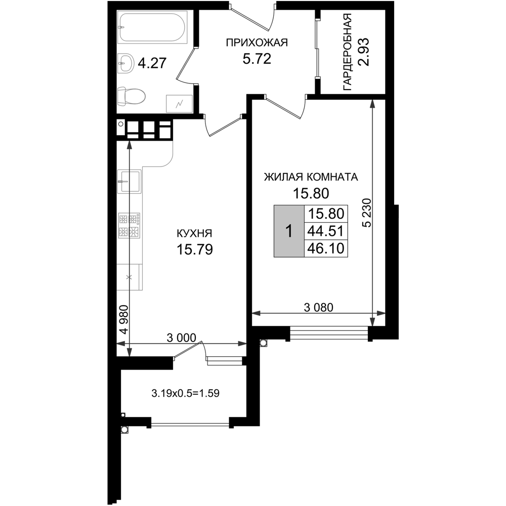 1-комн., 44.51 м², 4/8 этаж, ЖК «Резиденция морей»