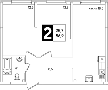 3-комн., 56.9 м², 1/16 этаж, ЖК «Самолет»