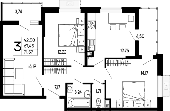 3-комн., 67.45 м², 2/16 этаж, ЖК «Эпос»