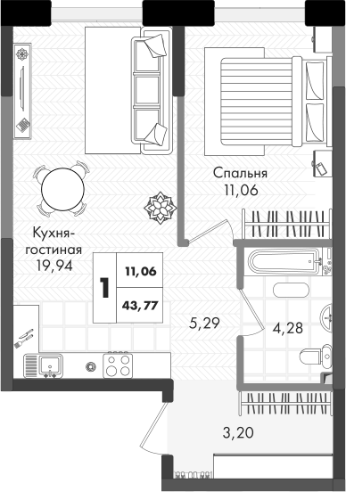 2-комн., 43.77 м², 9/9 этаж, ЖК «Зеленая территория»