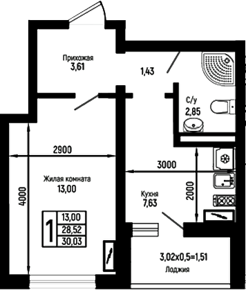 1-комн., 28.52 м², 14/18 этаж, ЖК «Ботаника Хиллс»