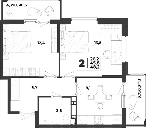 2-комн., 45.8 м², 2/9 этаж, ЖК «Лето»