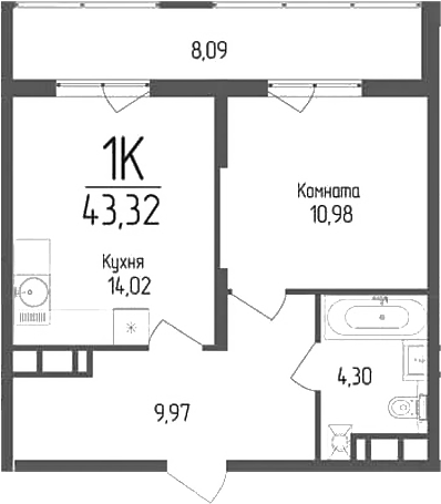 1-комн., 39.27 м², 4/18 этаж, ЖК «Кумир»