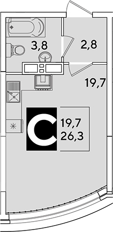 Студия, 26.3 м², 11/16 этаж, ЖК «Самолет»