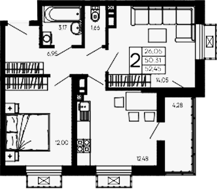 2-комн., 50.31 м², 12/14 этаж, ЖК «Эпос»