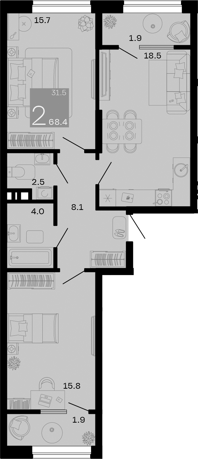 2-комн., 64.6 м², 6/8 этаж, ЖК «Хозяин Морей»