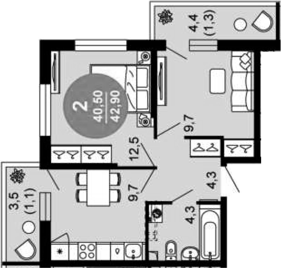 2-комн., 40.5 м², 1/12 этаж, ЖК «Флора»